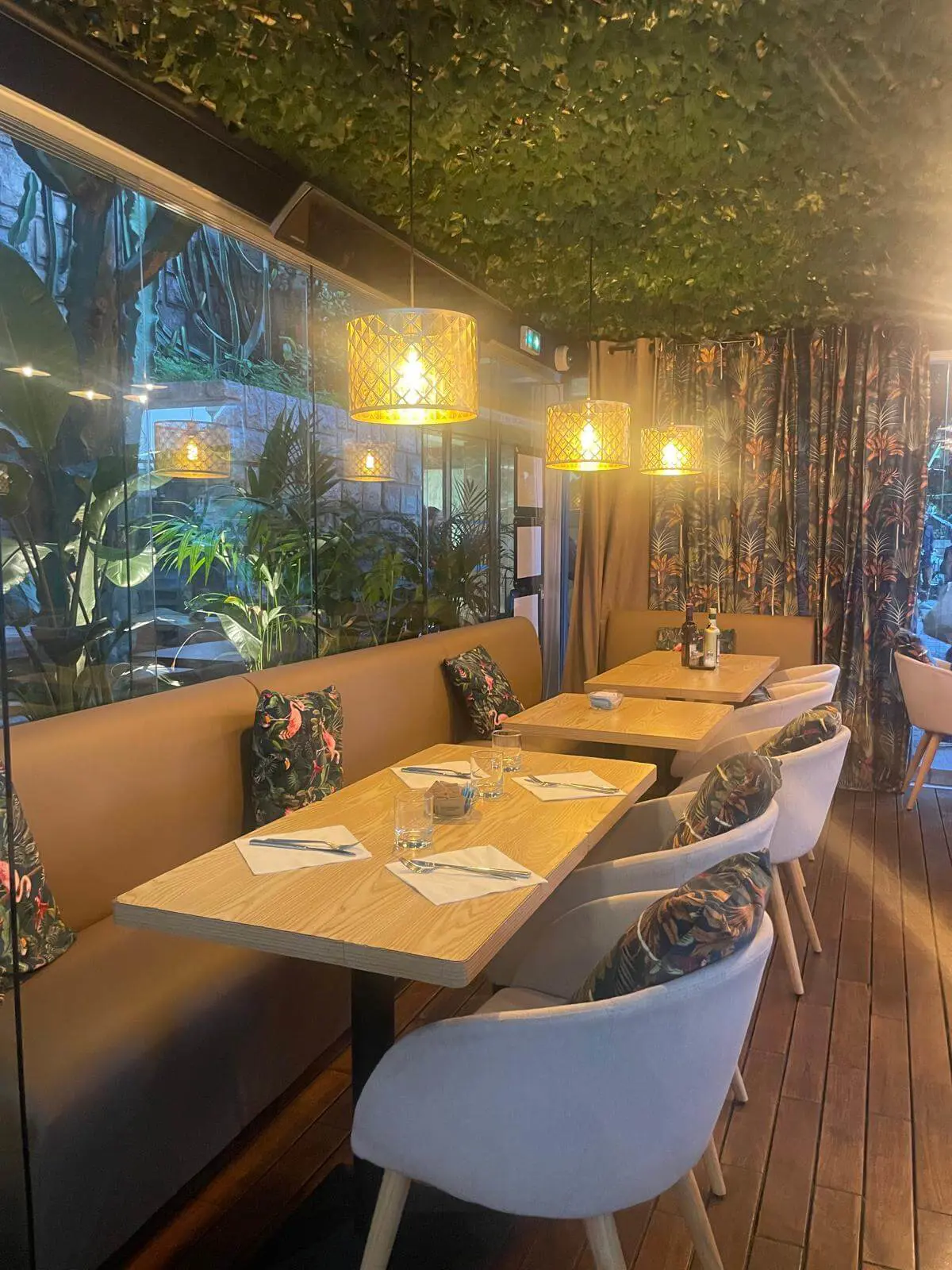 Modern restaurant interior with artistic wall decor